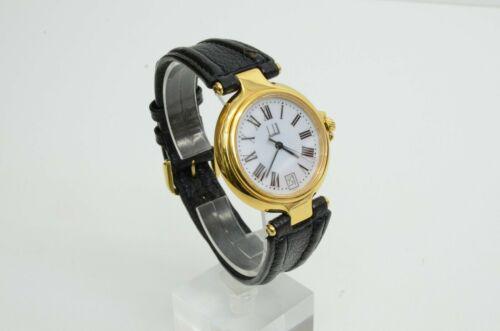 Dunhill 31mm Watch Round Quartz GP Date Leather Vintage: Dunhill 31mm Watch Round Quartz GP Date Leather Vintage Model: T00V Department: Unisex Adult Watch Shape: Round Case Color: Gold Dial Style: 12-Hour Case Material: Gold Plated Movement: Quartz Type: W