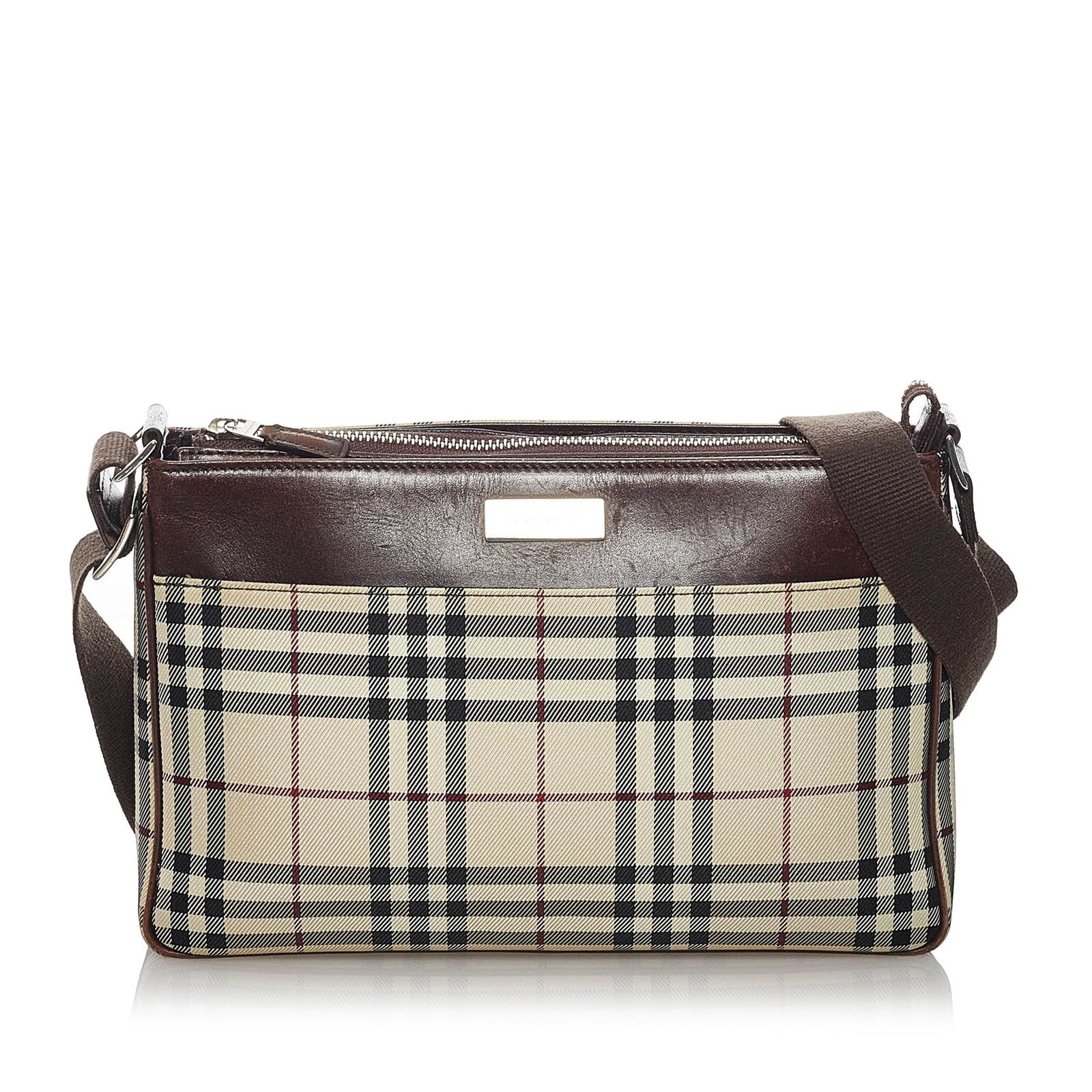 Burberry House Check Canvas Crossbody Bag: Burberry House Check Canvas Crossbody Bag This crossbody bag features a canvas body with leather trim a flat leather strap a top zip closure and interior zip and slip pockets. Brand: Burberry Model: H