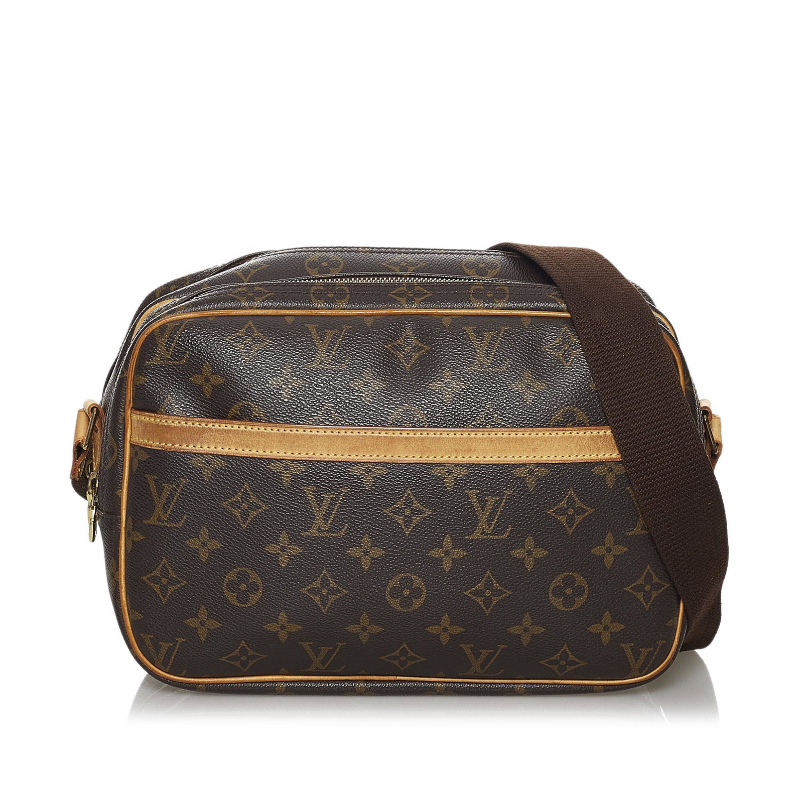 Louis Vuitton Monogram Reporter PM: Louis Vuitton Monogram Reporter PM The Reporter PM features a monogram canvas body with leather trim an exterior front slip pocket an adjustable flat strap double compartments with top zip closures an