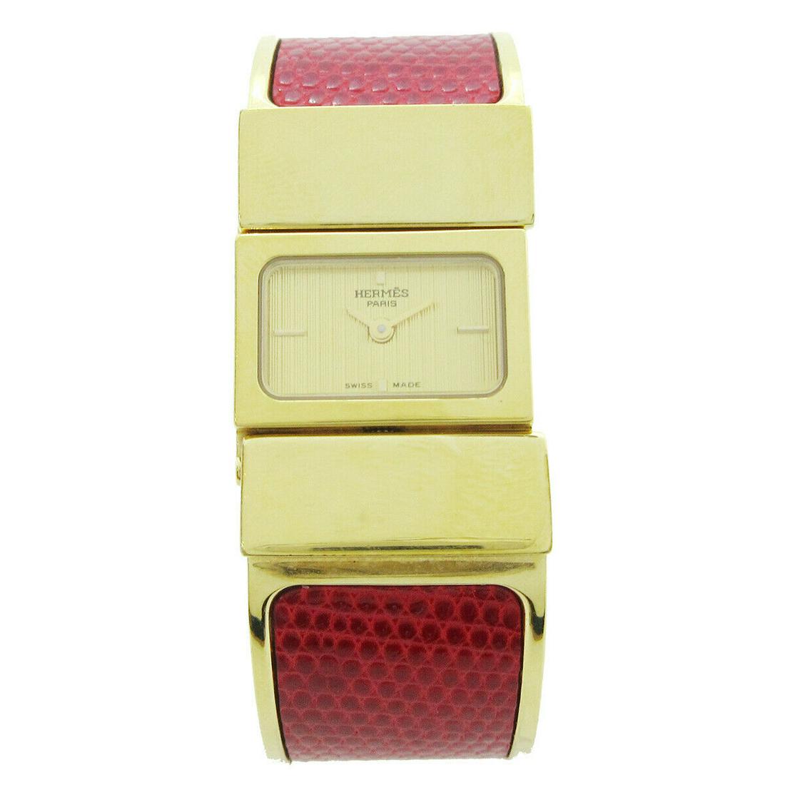 Hermes Loquet L01.201 Ladies Quartz Wristwatch Watch Bangle Red Gold: Hermes Loquet L01.201 Ladies Quartz Wristwatch Watch Bangle Red Gold Model: HERMES Loquet Country/Region of Manufacture: Switzerland Watch Shape: Square Department: Women Style: Casual Case Color: Gol