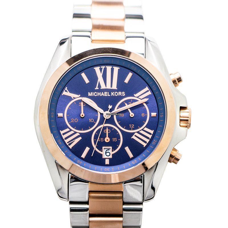 Michael Kors Bradshaw Chronograph Blue Dial Two-tone Ladies Watch 43MM - MK5606: Michael Kors Bradshaw Chronograph Blue Dial Two-tone Ladies Watch 43MM - MK5606 Brand: Michael Kors Dealer product code: 16916A Movement: Quartz Case material: Steel Bracelet material: Steel Year of p