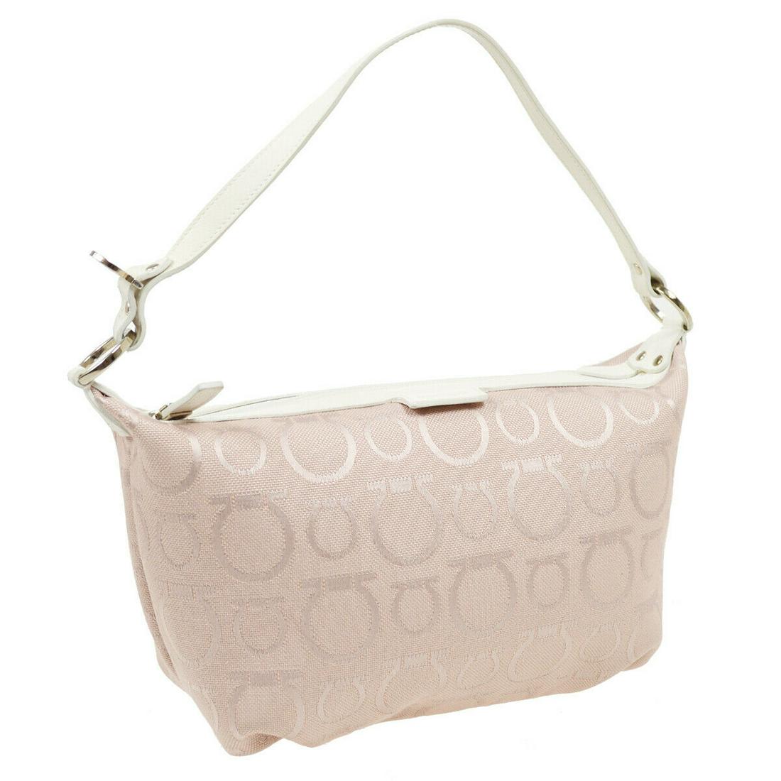 Salvatore Ferragamo Gancini Hand Bag Purse Pink White Canvas AU-22/6123: Salvatore Ferragamo Gancini Hand Bag Purse Pink White Canvas AU-22/6123 Size: Small Model: Hand Bag Country/Region of Manufacture: Italy Department: Women Style: Hand Bag Handle Style: Top Handle Bag