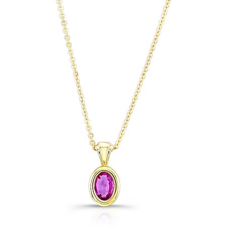 Pink Saphire Oval Bezel Solitaire Pendant In 14k Yellow Gold (18 Inch Rolo Chain): 14 Karat Yellow Gold Pendant 1 Oval Pink Sapphire 7x5mm, 18 Inch Rolo Chain Style: Bezel Primary Stone: Pink Sapphire Gender: Ladies Metal:14K Yellow Gold Country of Origin: USA Dimensions (LxWxH in m
