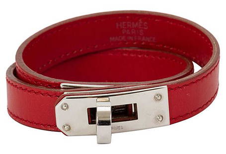 Hermes Red Double-Wrap Kelly Bracelet: Hermes Red Double-Wrap Kelly Bracelet Condition: Excellent Era: Contemporary Dimensions: 2.5" L x 0.5" W Materials: leather/metal Color: red/palladium Hermes Kelly double bracelet with palladium