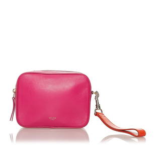 Celine Leather Pouch: Celine Leather Pouch This pouch features a leather body and a top zip closure. Brand: Celine Model: Leather Pouch Origin: France Category: SLG Color: Pink Style: Others Material: Leather Condition: