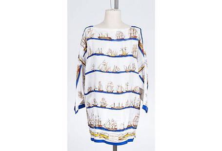 Hermes Vessels Silk Dress White/Blue: Hermes Vessels Silk Dress White/Blue Condition: Excellent Era: Vintage; 1980s Dimensions: 29.5" L x 25" W Materials: Silk Color: white/blue Hermes dress made out of 100% silk in french size 42. The