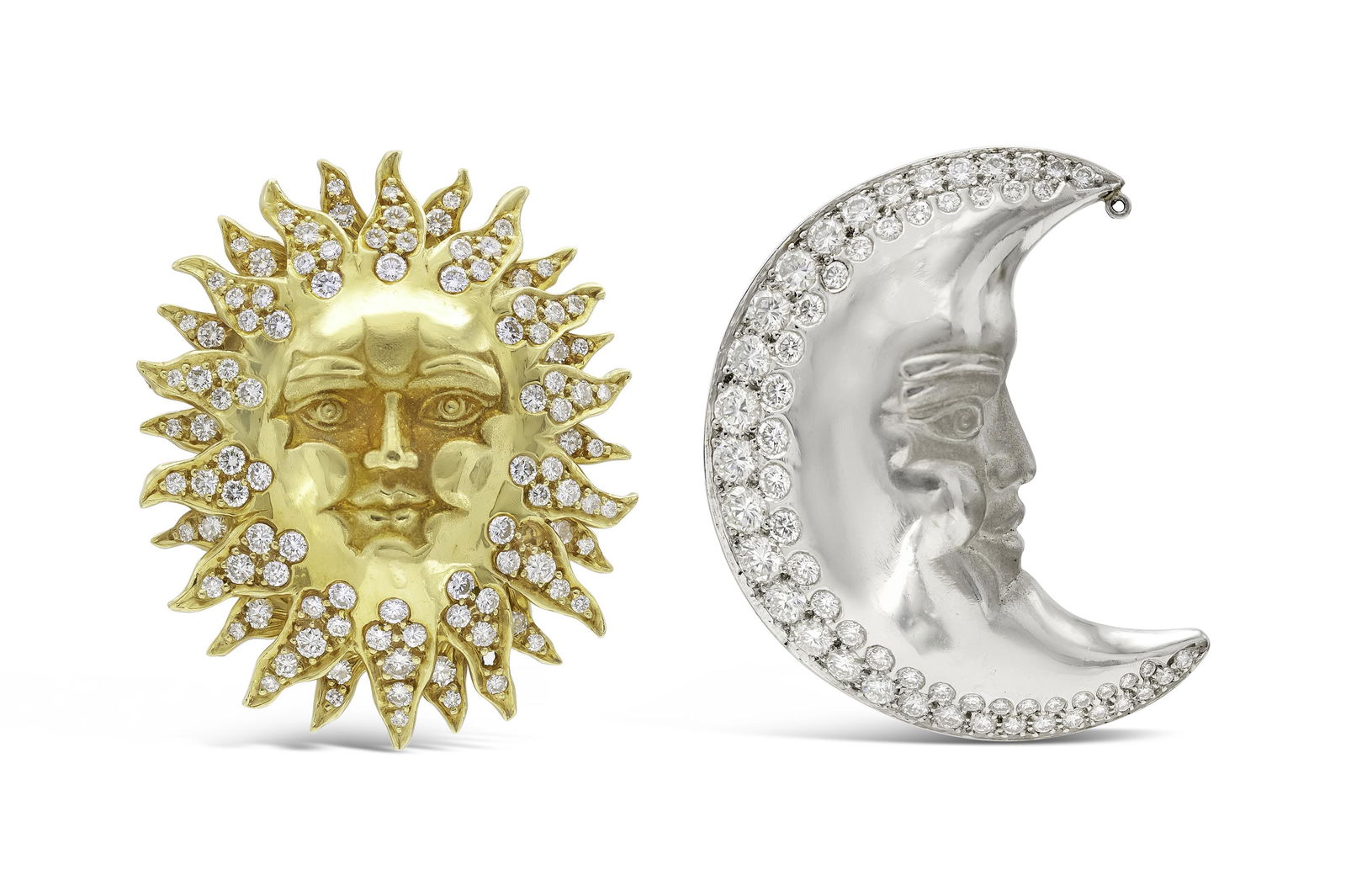 Julius Cohen Sun and Moon Earrings with Diamonds: Julius Cohen Sun and Moon Earrings with Diamonds Finley crafted in platinum 22k and 14k gold with round brilliant cut diamonds weighing approximately a total of 7.00 carats.Signed by Julius Cohen The