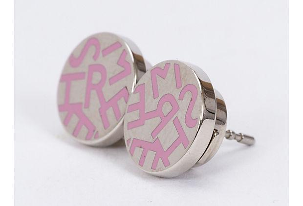 Hermes Mini Pierced Pink Round Earrings: Hermes Mini Pierced Pink Round Earrings Condition: Excellent Era: Contemporary; 2000s Dimensions: 1" W x 1" H Materials: metal Color: silver pink Hermes mini round pierced earrings with pink lettering
