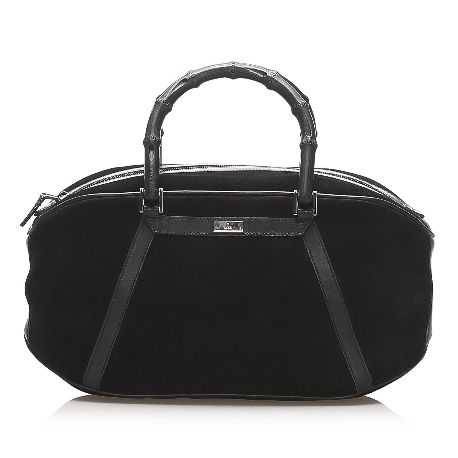 Gucci Bamboo Suede Handbag: Gucci Bamboo Suede Handbag This handbag features a suede body with leather trim bamboo handles a top zip closure and an interior zip pocket. Brand: Gucci Model: Bamboo Suede Handbag Origin: ITALY Cate