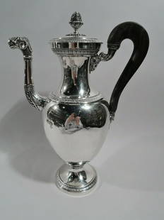 Antique Coffeepot - Restauration Etruscan Classical - French 950 Silver - C: Antique Coffeepot - Restauration Etruscan Classical - French 950 Silver - C Large French Etruscan 950 silver coffeepot, ca 1820. Ovoid body with spool neck, side-hinged cover, and raised and round