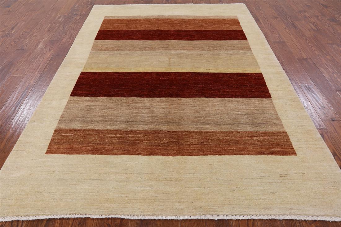 6' 7" X 9' 5" Gabbeh Hand-Knotted Wool Area Rug: 6' 7" X 9' 5" Gabbeh Hand-Knotted Wool Area Rug Design: Striped Exact Size: 6\ 7 X 9\ 5 Style: Gabbeh Foundation: Cotton Pile: Wool Weave: Hand-knotted Age: New The BIDHAUS Guarantee: All items in thi