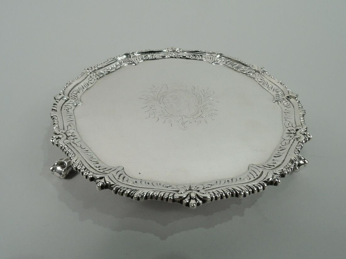 George III Salver Antique Georgian Tray English Sterling Silver Rew: George III Salver Antique Georgian Tray English Sterling Silver Rew George III sterling silver salver. Made by Robert Rew in London in 1770. Gadrooned rim interspersed with leaves. Armorial engraved w