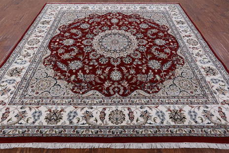 9' Square Persian Nain Wool & Silk Hand-Knotted Rug: 9' Square Persian Nain Wool & Silk Hand-Knotted Rug Design: Floral Exact Size: 8\ 11 X 9\ 1 Style: Nain Foundation: Cotton Pile: Wool & Silk Weave: Hand-knotted Age: New The BIDHAUS Guarantee: