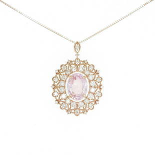 K18PG Pink Sapphire Necklace: K18PG Pink Sapphire Necklace Material: K18PG Gender: Ladies Size: 45cm Stone: Diamond 1.35ct ActualSize: imate size of pendant (H x W) : 33.0mm x 23.2mm CenterStone: Sapphire 5.07ct AB: Very Good