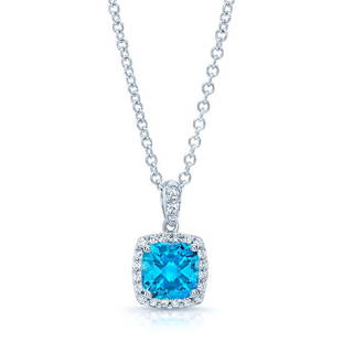 Blue Topaz And Diamond Cushion Halo Dangle Pendant In 14k Yellow Gold (6mm): Blue Topaz And Diamond Cushion Halo Dangle Pendant In 14k Yellow Gold (6mm) Halo Cushion Pendant Has A 6mm Cushion Blue Topaz Center And 0.15ctw Of Round Brilliant Diamonds In 14k Yellow Gold 14k