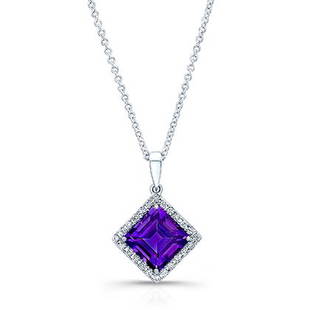 Amethyst Square And Diamond Pendant In 14k White Gold: Amethyst Square And Diamond Pendant In 14k White Gold Elegant 8mm Square Cut Amethyst Beautifully Mounted In A Classic 14k Setting Highlighted By A Delicate Halo Of Brilliant Cut Diamond (h-i/vs