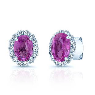 Pink Sapphire And Diamond Earring In 14k White Gold (1/2 Ct. Tw.): Pink Sapphire And Diamond Earring In 14k White Gold (1/2 Ct. Tw.) Exquisite 7x5mm Oval Shape Pink Sapphire Gemstones Highlighted By A Delicate Halo Of Diamonds (h-i/vs 0.50 Ctw) Mounted On A Classic