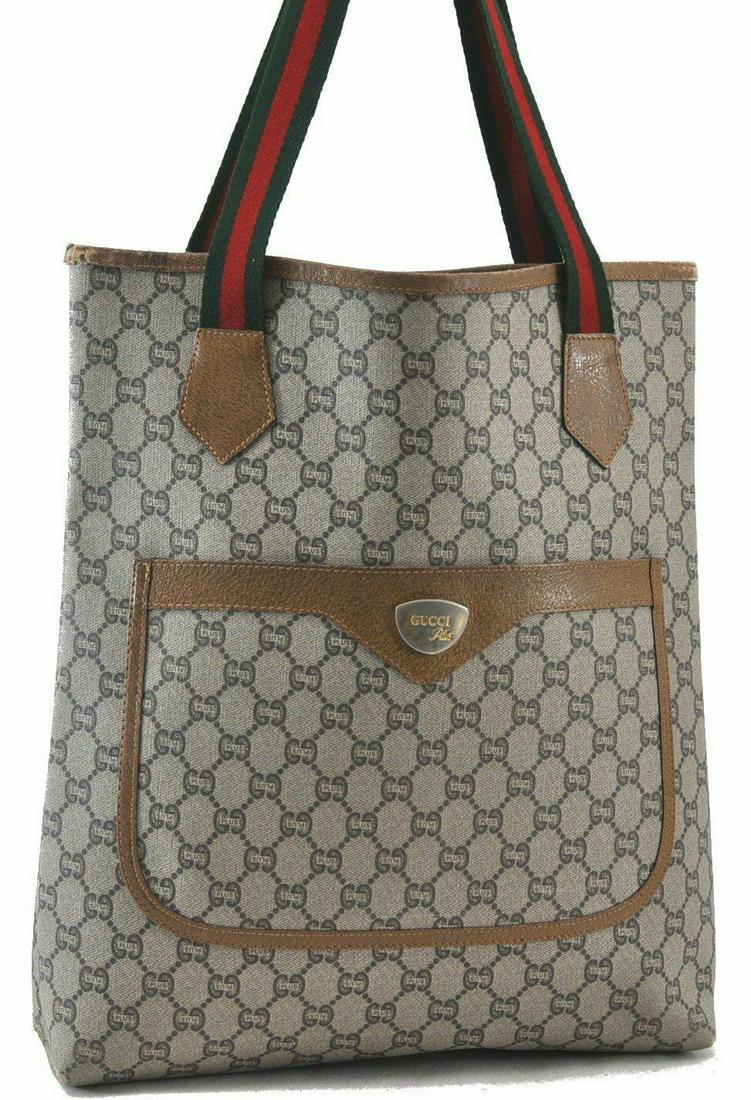 GUCCI Web Sherry Line GG Plus Shoulder Tote Bag PVC Leather Brown: GUCCI Web Sherry Line GG Plus Shoulder Tote Bag PVC Leather Brown Brand: GUCCI Exterior Material: PVC Style: Tote Bag Department: Women Exterior Color: Brown Bag Height: 14.6inches (37cm) Bag Depth: 2