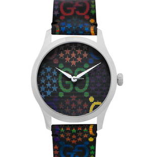 Gucci GG Psychedelic G-timeless 38mm Quartz Ladies Watch - YA1264146: Gucci GG Psychedelic G-timeless 38mm Quartz Ladies Watch - YA1264146 Brand: Gucci Model: G-Timeless Dealer product code: 25956A Movement: Quartz Case material: Steel Bracelet material: Leather Year