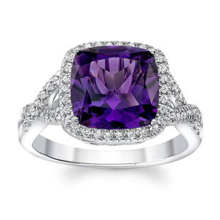 Amethyst & Diamond Cushion Halo Ring With Twine Split Shank In 14k White Gold (9mm): Amethyst & Diamond Cushion Halo Ring With Twine Split Shank In 14k White Gold (9mm) Brilliant Amethyst Gemstone Is Set Halo Style And Accented By 0.18ctw Of Round Brilliant Diamonds In 14k White