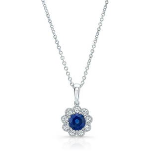 Sapphire And Diamond Floral Pendant With Millgrained Edging And Tapered Bail In 14k White Gold (6mm): Sapphire And Diamond Floral Pendant With Millgrained Edging And Tapered Bail In 14k White Gold (6mm) Charming Floral Gemstone Pendant With Millgrained Edgeing And Tapered Bail Features A 6mm Round