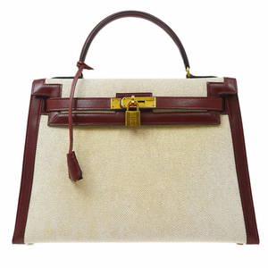 HERMES KELLY 32 SELLIER 2way Hand Bag OI Purse Bi-Color Toile H Box Calf