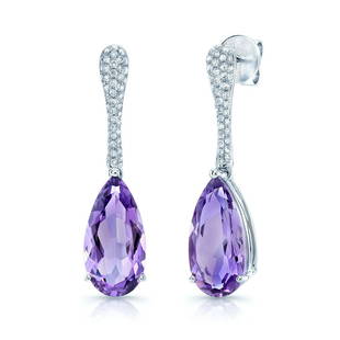 Amethyst And Diamond Pear Drop Earrings In 14k White Gold (16x8mm): Amethyst And Diamond Pear Drop Earrings In 14k White Gold (16x8mm) Stunning And Vivid Color, These Amethyst Gemstone Diamond Earrings Are Set 14k White Gold And Feature Purple Pear Shape Amethyst