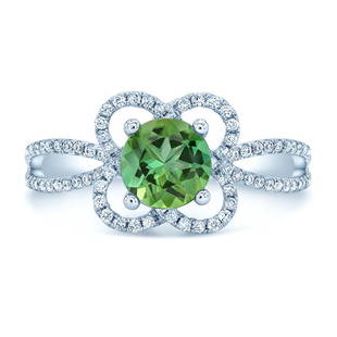 Green Tourmaline And Diamond Flower Basket Ring With Rounded Split Shank In 14k White Gold (6mm): Green Tourmaline And Diamond Flower Basket Ring With Rounded Split Shank In 14k White Gold (6mm) Lovely Gemstone Ring With Floral Basket And Rounded Split Shank Features A 6mm Round Green Tourmaline