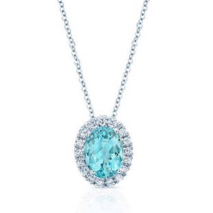 Aquamarine And Diamond Oval Halo Slide Pendant In 14k White Gold (8x6mm Center): Aquamarine And Diamond Oval Halo Slide Pendant In 14k White Gold (8x6mm Center) Charming Oval Halo Slide Pendant Features An 8x6mm Oval Aquamarine Center Framed By 0.15 Carats Of Round Brilliant