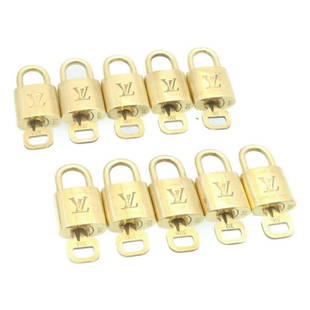 LOUIS VUITTON Padlock 10set Gold Tone LV: LOUIS VUITTON Padlock 10set Gold Tone LV Brand: LOUIS VUITTON Style: Padlock Material: Metal Color: Gold Tone Size: See Description Department: Women Country of Manufacture: France Type: Padlock