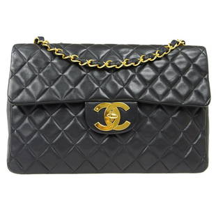 CHANEL Classic Flap Maxi Chain Shoulder Bag Purse Black Lambskin Leather: CHANEL Classic Flap Maxi Chain Shoulder Bag Purse Black Lambskin Leather Size: Large Accents: Quilted Model: Double Chain Shoulder Country/Region of Manufacture: France Department: Women Style: