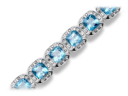 Cushion Cut Blue Topaz With Diamond Pave Bracelet In 14k White Gold: Cushion Cut Blue Topaz With Diamond Pave Bracelet In 14k White Gold Cushion Cut Blue Topaz With Diamond Pave Bracelet In 14k White Gold 14k White Gold Bracelet With 17 Cushion Cut Blue Topaz At 7mm