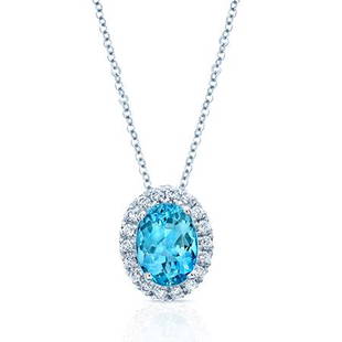 Aquamarine And Diamond Oval Halo Slide Pendant In 18k White Gold (8x6mm) 17-inch Chain: Aquamarine And Diamond Oval Halo Slide Pendant In 18k White Gold (8x6mm) 17-inch Chain Charming Oval Halo Gemstone Slide Pendant Features An 8x6mm Aquamarine Center Framed By 1/8ctw Of Round