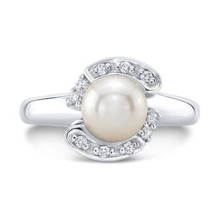 Pearl And Diamond Swirl Ring In 14k White Gold (1/10ctw): Pearl And Diamond Swirl Ring In 14k White Gold (1/10ctw) Classic White Akoya Pearl Set In An Elegant 14k White Gold Setting With Sparkling Brilliant Cut Diamonds 0.10ctw 14 Karat White Gold Ring 1
