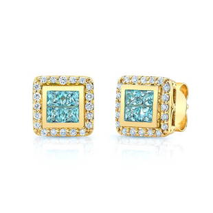 Blue Topaz And Diamond Invisible Set Cube Earrings In 14k Yellow Gold: Blue Topaz And Diamond Invisible Set Cube Earrings In 14k Yellow Gold An Elegant Square Invisible Set Blue Topaz Gemstones Highlighted By 0.14 Ctw Round Brilliant Diamonds Pave Set In A Classic 14k