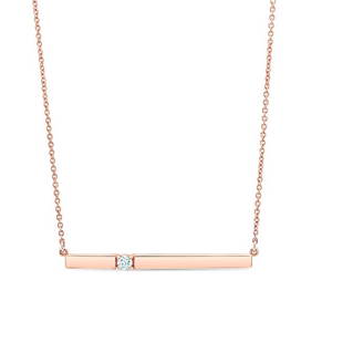 Diamond Bar Necklace In 14k Rose Gold: Diamond Bar Necklace In 14k Rose Gold Elegant & Delicate Bar Necklace Features A Sparkly One Round Brilliant Cut Diamond, Crafted In 14k Rose Gold With A Matching 17.50 Inch Rolo Chain. 14k Rose