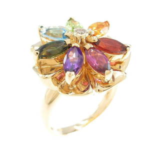 K18 Yellow Gold Flower Color Stones ring: K18 Yellow Gold Flower Color Stones ring Material: K18YG Gender: Ladies Size: 9.0 (JPN size) Stone: Tourmaline Topaz Peridot Diamond ActualSize: W : 17.0mm CenterStone: Garnet Amethyst Citrine