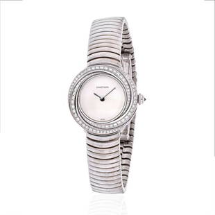 Cartier Trinity 18K White Gold Diamond Bezel White Cream Dial Ladies Watch: Cartier Trinity 18K White Gold Diamond Bezel White Cream Dial Ladies Watch Type: Vintage Watches Metal: 18K White Gold Grams: 110 Measurements: Wrsit Size 8 inches. Condition: Excellent. 
