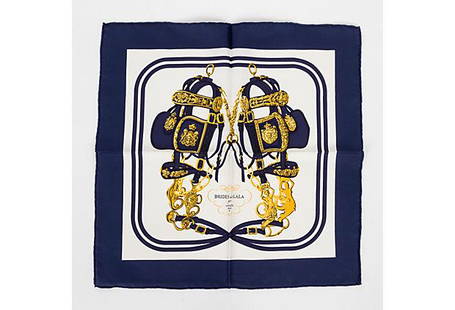 Hermes Blue Brides de Gala Pochette: Hermes Blue Brides de Gala Pochette Condition: Excellent Era: Contemporary; 2000s Dimensions: 16.5" L x 16.5" W Materials: silk Color: blue white Hermes Brides de Gala pochette scarf by artist