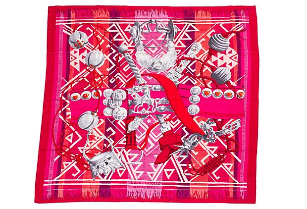 Hermes 55" Cashmere Lujo Criollo Shawl: Hermes 55" Cashmere Lujo Criollo Shawl Condition: New Era: Contemporary Dimensions: 55" L x 55" W Materials: silk/cashmere Color: pink/multi Hermes silk-and-cashmere-blend Lujo Criollo shawl designed