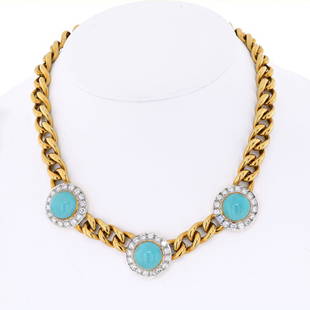 18K Yellow Gold Three Station Turquoise And Diamond Necklace: 18K Yellow Gold Three Station Turquoise And Diamond Necklace Type: Necklaces Metal: 18K Yellow Gold Grams: 109.1 Exact Diamond Weight: 5.75 Cts Measurements: L: 16.5 inches Condition: