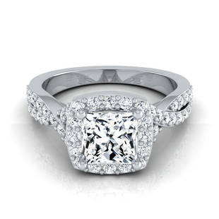 1 3/8ctw Round Diamond Square Halo Engagement Ring With Twisted Pave Shank In 14k White Gold,: 1 3/8ctw Round Diamond Square Halo Engagement Ring With Twisted Pave Shank In 14k White Gold, Igi-certified Let True Glamour Exude: This Igi-certified Square Halo Diamond Ring With Twisted Pave