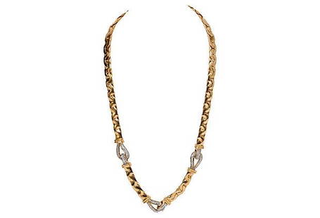 Ciner Gold Rhinestone Link Necklace: Ciner Gold Rhinestone Link Necklace Condition: Very Good; minimal wear Era: Vintage Dimensions: 25" L x 0.5" W Materials: rhodium/glass Color: gold/silver Ciner goldtone link snake chain necklace