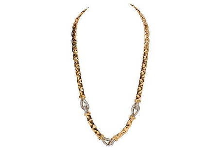 Ciner Gold Rhinestone Link Necklace: Ciner Gold Rhinestone Link Necklace Condition: Very Good; minimal wear Era: Vintage Dimensions: 25" L x 0.5" W Materials: rhodium/glass Color: gold/silver Ciner goldtone link snake chain necklace with