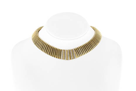 1960s Shrimp Style Graduated Choker with Five Rows of Diamond: 1960s Shrimp Style Graduated Choker with Five Rows of Diamond This beautiful necklace is finely crafted in 18k yellow gold and weighing approximately a total of 73.5 dwt. In the center of the