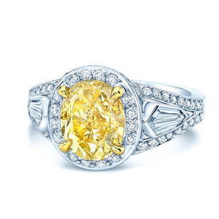 Prong Set Gia Certified Fancy Yellow Diamond Engagement Ring In Platinum: Prong Set Gia Certified Fancy Yellow Diamond Engagement Ring In Platinum Platinum And 18 Karat Yellow Gold Engagement Ring With 1 Fancy Yellow Gia Certified Oval Cut Diamond Weighing 2.62ct And 2