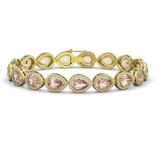 16.59 ctw Morganite & Diamond Micro Pave Halo Bracelet 10k Yellow Gold: 16.59 ctw Morganite & Diamond Micro Pave Halo Bracelet 10k Yellow Gold 16.59 ctw Morganite & Diamond Micro Pave Halo Bracelet 10k Yellow Gold Designer Brand Luxury Jewelrymade in the USA Suggested