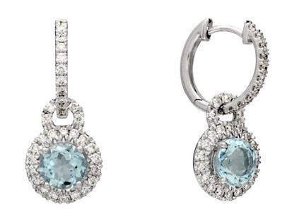 Aquamarine And Diamond Round Halo Dangle Earrings In 14k White Gold (1/2ctw): Aquamarine And Diamond Round Halo Dangle Earrings In 14k White Gold (1/2ctw) A Gorgeous Gemstone And Diamond Oval Dangle Earrings Which Features 6mm Round Aquamarines Surround By A Halo Of Round