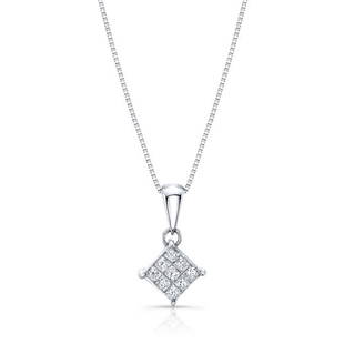 Diamond Invisible Set Princess Cut Dangle Pendant In 18k White Gold 1/4ctw (17-in Box Chain): Diamond Invisible Set Princess Cut Dangle Pendant In 18k White Gold 1/4ctw (17-in Box Chain) A Beautiful Diamond Princess Cut Invisible Set Pendant Features 0.25ctw Hi/vs Diamonds Set In Luxurious