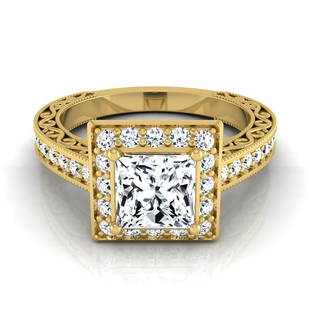 1 1/2ctw Princess Cut Diamond Halo Engagement Ring With Scroll Design Shank In 14k Yellow Gold,: 1 1/2ctw Princess Cut Diamond Halo Engagement Ring With Scroll Design Shank In 14k Yellow Gold, Igi-certified Feel True Vintage With This Igi-certified Diamond Halo Engagement Ring With Scroll